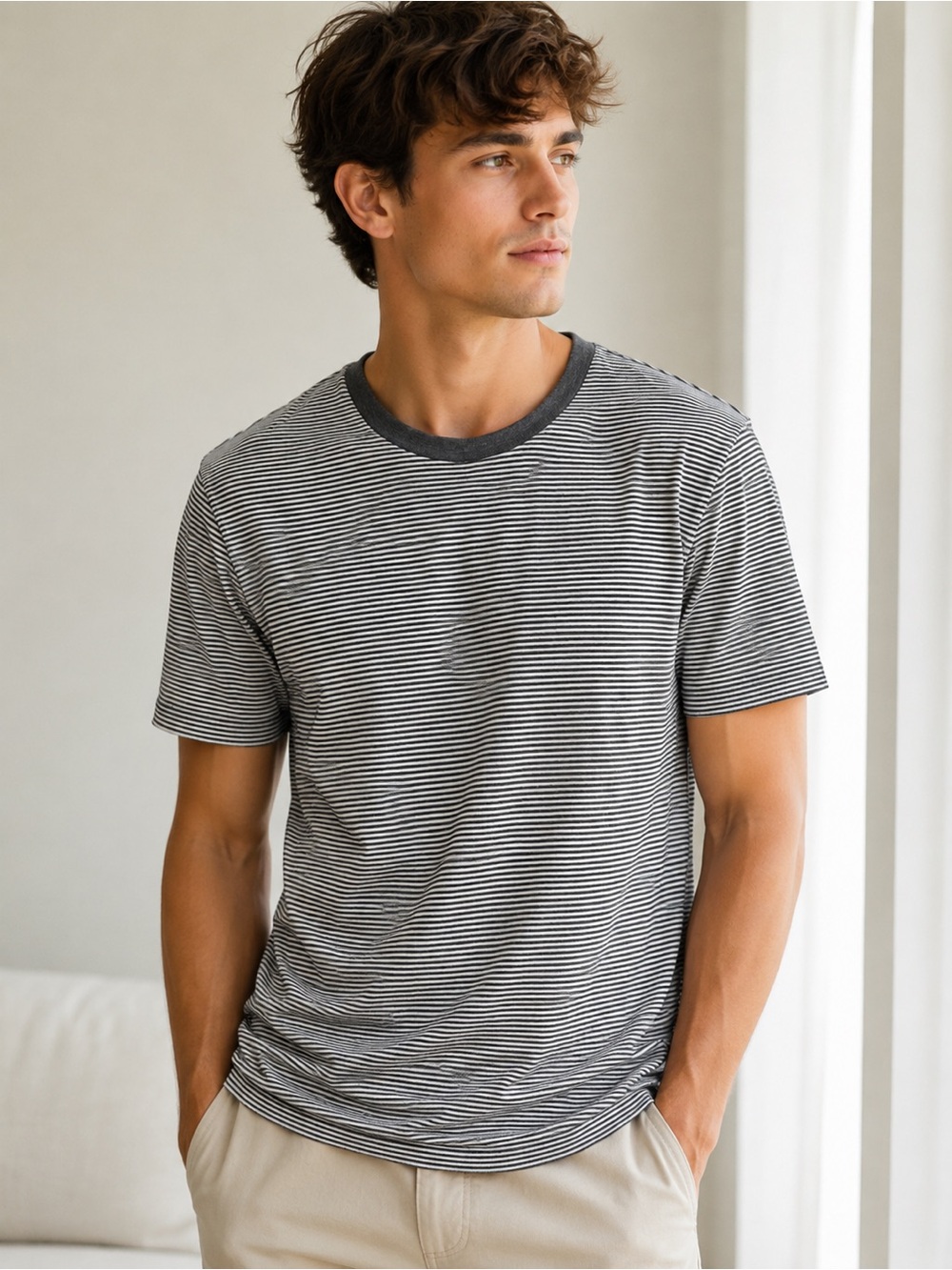 Striped Crewneck Short-Sleeve Tee - Gray & White
